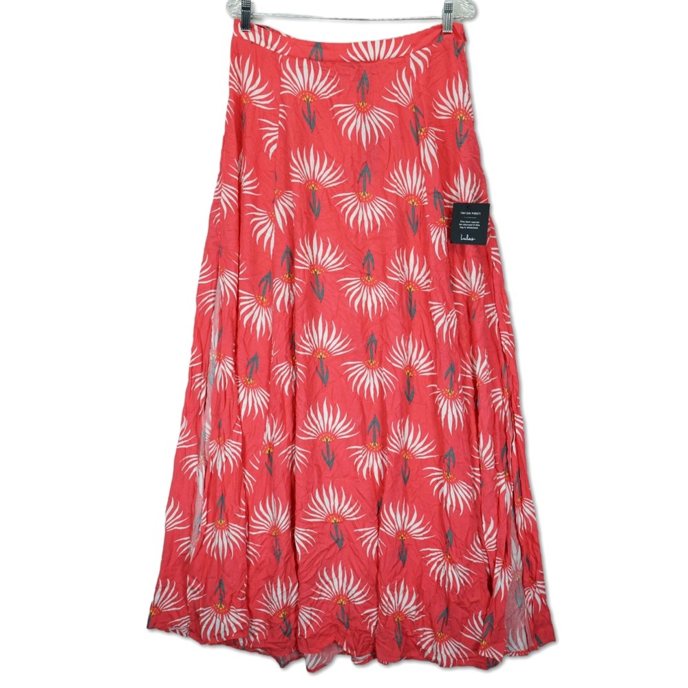 NWT Lulu's Trancoso Coral Floral‎ Print Maxi Skirt Size XL Elastic Waist